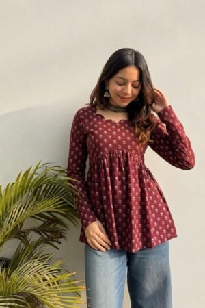 Casual Regular Sleeves Ethnic Motifs Women Maroon Top