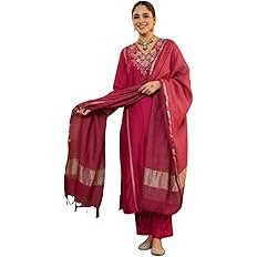 Women Embroidery Solid Straight Kurta and Pant Set with Dupatta