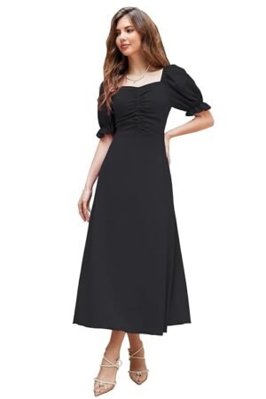 Women's Solid A-Line Ruched Puff Sleeve Maxi Long Evening One Piece