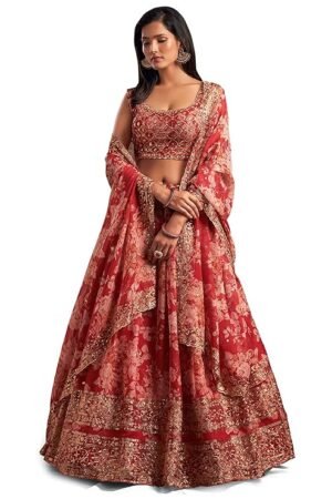 Women's Organza Floral White Semi-Stitched Lehenga Choli