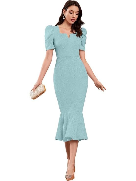 Mint Green Bodycon Midi Dress for Women | Elegant Puff Sleeve Party Wear Dress