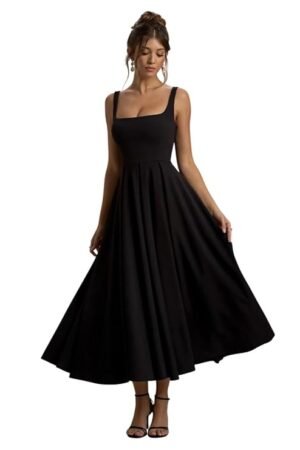 Elegant Black Sleeveless Midi Dress for Women | Fit & Flare Party Wear Western Dress