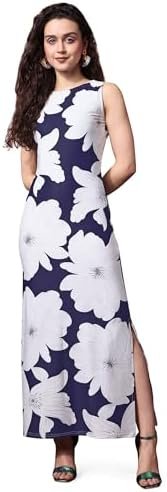 Navy Blue Floral Print Maxi Dress for Women | Sleeveless Casual Summer Western Dress - Image 4