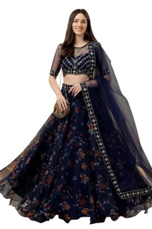 Navy Blue Floral Printed Lehenga Choli for Women | Designer Party Wear Lehenga with Net Dupatta