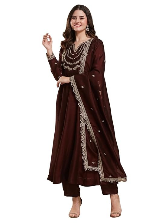 Brown Embroidered Anarkali Kurta Set with Dupatta | Elegant Festive & Ethnic Wear for Women