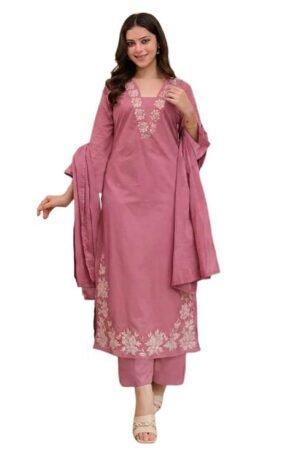 Dusty Pink Embroidered Kurta Pant Set for Women with Dupatta | Designer Ethnic Wear Suit Set