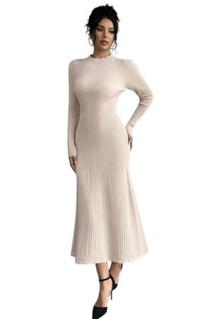 Elegant Beige Ribbed Knit Midi Dress for Women | Winter Casual & Party Wear