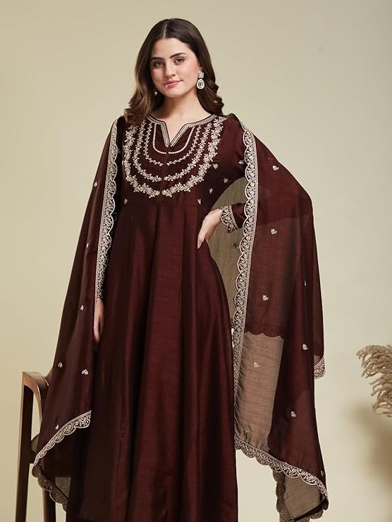 Brown Embroidered Anarkali Kurta Set with Dupatta | Elegant Festive & Ethnic Wear for Women - Image 3
