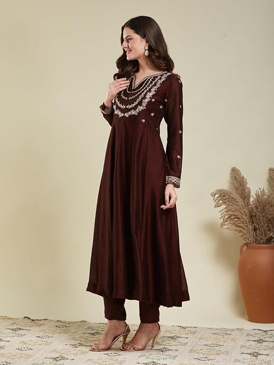 Brown Embroidered Anarkali Kurta Set with Dupatta | Elegant Festive & Ethnic Wear for Women - Image 2