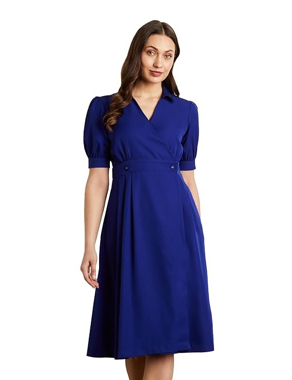 Royal Blue A-Line Midi Dress for Women | Elegant Puff Sleeve Casual & Office Wear Dress