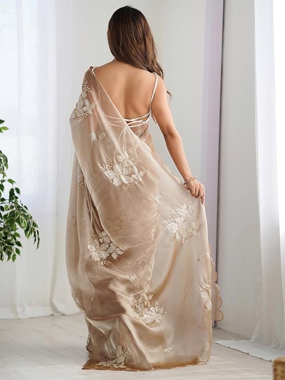 Elegant Champagne Organza Saree with White Floral Embroidery | Lightweight Party & Wedding Wear - Image 2
