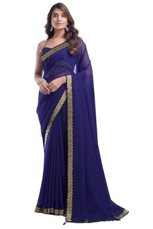 Royal Blue Saree with Gold Embroidered Border | Elegant Party & Wedding Wear