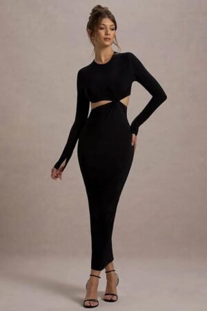 Black Cut-Out Bodycon Midi Dress for Women | Elegant Party, Cocktail & Evening Wear Dress