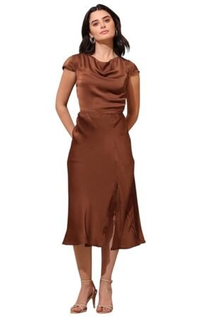 Chocolate Brown Satin Midi Dress for Women | Elegant Cowl Neck Party & Formal Wear Dress