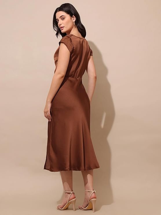 Chocolate Brown Satin Midi Dress for Women | Elegant Cowl Neck Party & Formal Wear Dress - Image 4