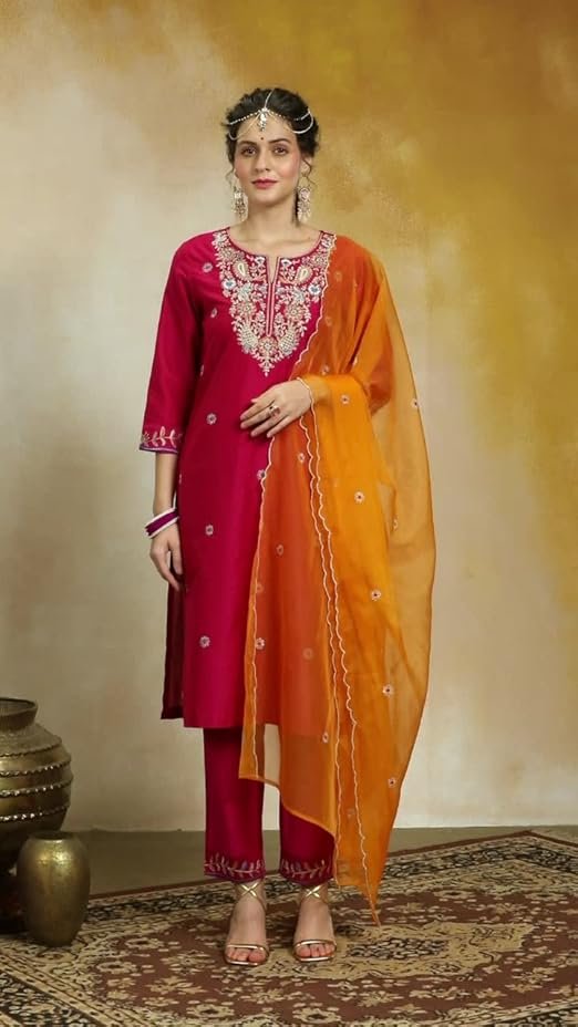 Magenta Pink Embroidered Kurta Pant Set with Orange Dupatta | Festive & Ethnic Wear - Image 2