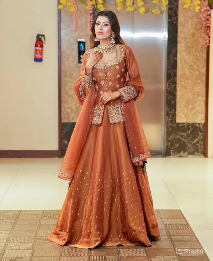 Copper Brown Embroidered Ethnic Gown for Women with Dupatta | Designer Party Wear Anarkali Gown Set - Image 3