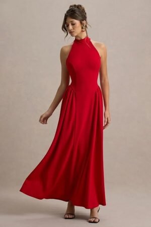 Elegant Red Halter Neck Maxi Dress for Women | Party, Evening & Cocktail Wear