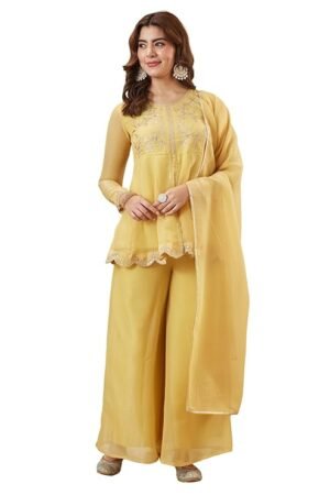 Pastel Yellow Embroidered Peplum Kurta Palazzo Set for Women | Designer Festive Ethnic Wear