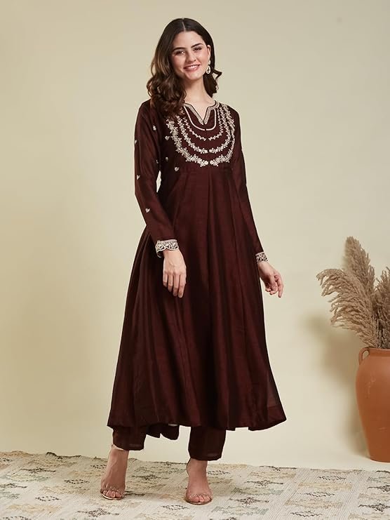 Brown Embroidered Anarkali Kurta Set with Dupatta | Elegant Festive & Ethnic Wear for Women - Image 4