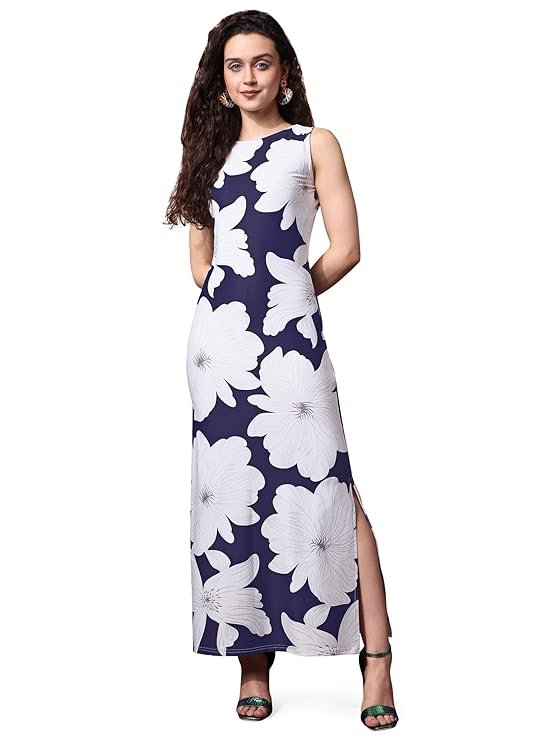 Navy Blue Floral Print Maxi Dress for Women | Sleeveless Casual Summer Western Dress