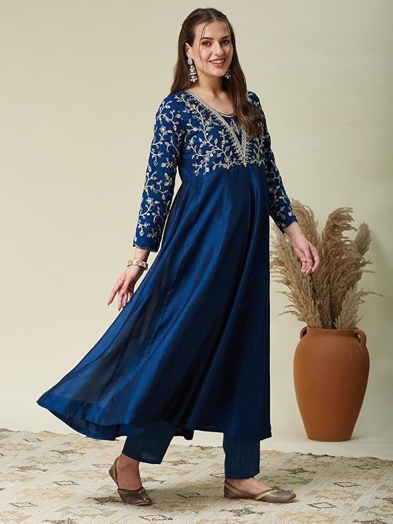 Elegant Navy Blue Embroidered Anarkali Suit Set with Dupatta | Party & Festive Wear - Image 5