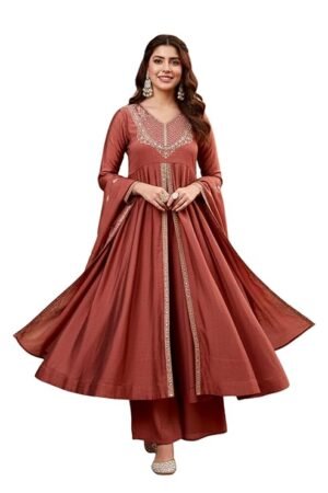 Rust Brown Embroidered Anarkali Kurta Palazzo Set for Women | Designer Festive Ethnic Wear