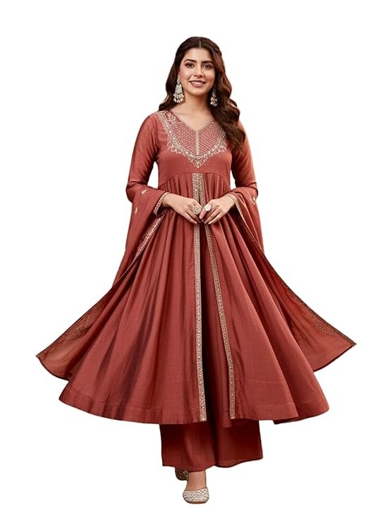 Rust Brown Embroidered Anarkali Kurta Palazzo Set for Women | Designer Festive Ethnic Wear