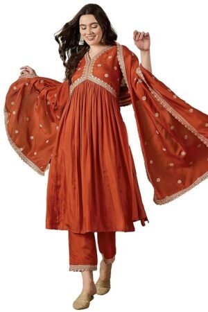 Rust Orange Embroidered Anarkali Kurta Pant Set with Dupatta | Festive & Party Wear Ethnic Set