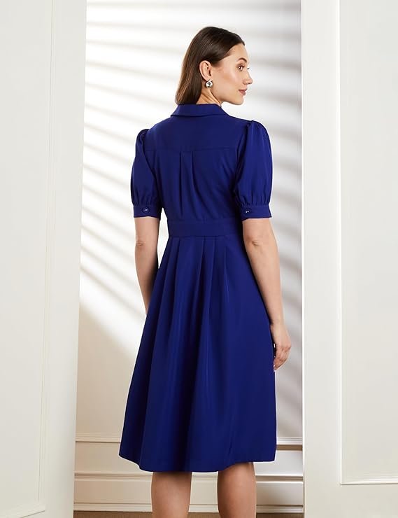 Royal Blue A-Line Midi Dress for Women | Elegant Puff Sleeve Casual & Office Wear Dress - Image 3