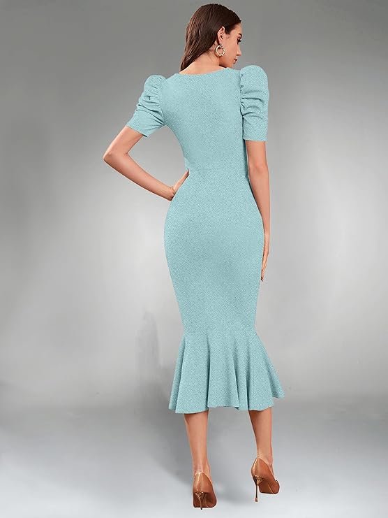 Mint Green Bodycon Midi Dress for Women | Elegant Puff Sleeve Party Wear Dress - Image 3