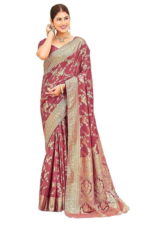 Wine Pink Banarasi Silk Saree with Rich Zari Weaving & Traditional Border | Wedding Wear Saree