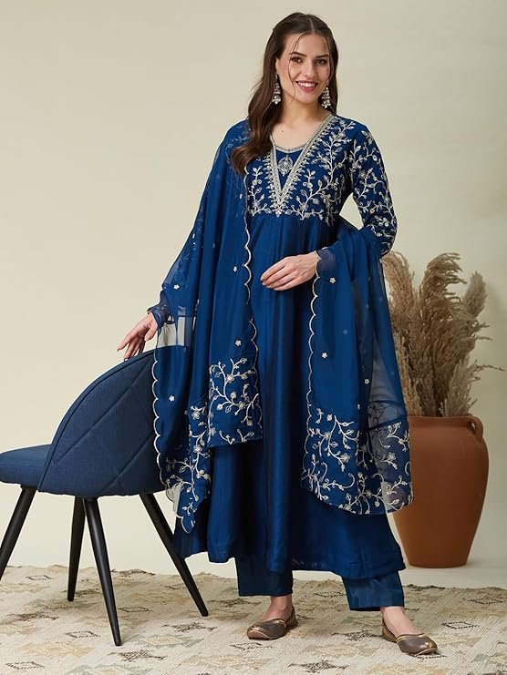 Elegant Navy Blue Embroidered Anarkali Suit Set with Dupatta | Party & Festive Wear - Image 2
