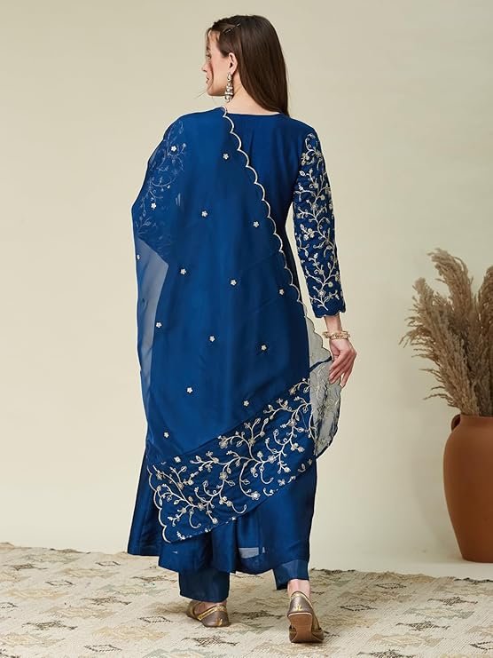 Elegant Navy Blue Embroidered Anarkali Suit Set with Dupatta | Party & Festive Wear - Image 4