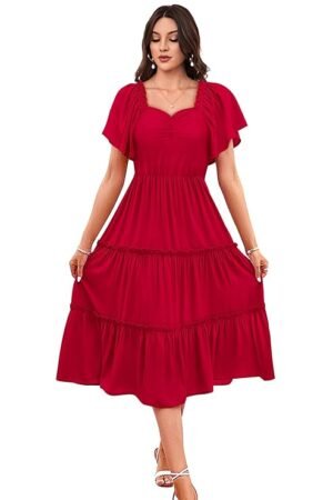 Red Tiered Midi Dress for Women | Stylish Casual Summer Dress with Flutter Sleeves