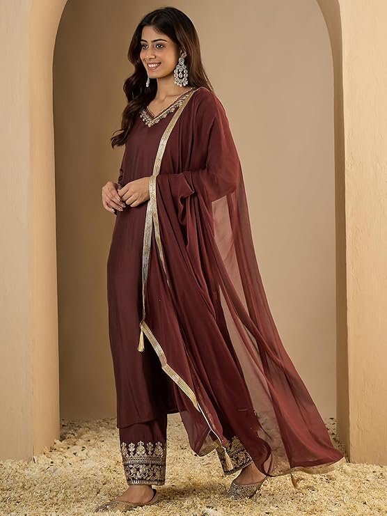 Wine Brown Kurta Pant Set for Women with Dupatta | Elegant Ethnic Suit for Festive & Party Wear - Image 3