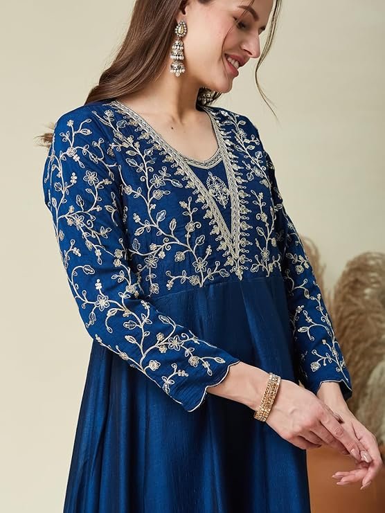 Elegant Navy Blue Embroidered Anarkali Suit Set with Dupatta | Party & Festive Wear - Image 3