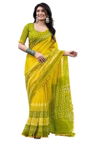 Yellow Green Printed Cotton Blend Saree with Tassel Border & Designer Blouse | Festive Traditional Wear