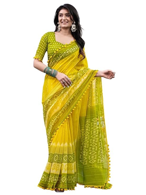 Yellow Green Printed Cotton Blend Saree with Tassel Border & Designer Blouse | Festive Traditional Wear