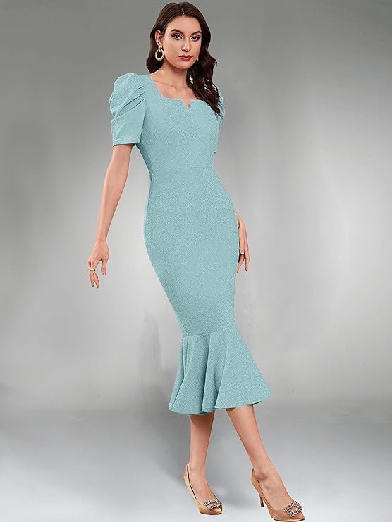 Mint Green Bodycon Midi Dress for Women | Elegant Puff Sleeve Party Wear Dress - Image 4