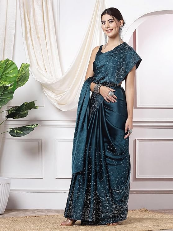 Elegant Teal Blue Shimmer Saree for Women – Party Wear Designer Draped Saree - Image 4
