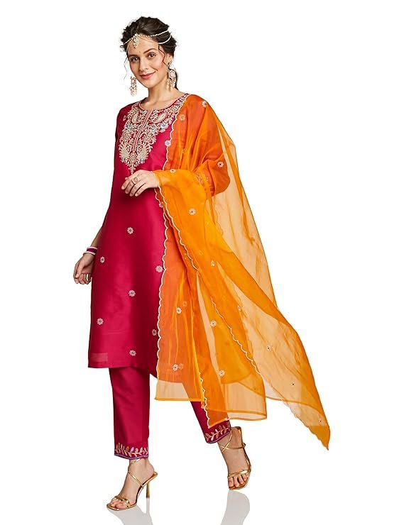 Magenta Pink Embroidered Kurta Pant Set with Orange Dupatta | Festive & Ethnic Wear