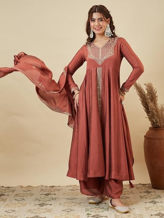 Rust Brown Embroidered Anarkali Kurta Palazzo Set for Women | Designer Festive Ethnic Wear - Image 4