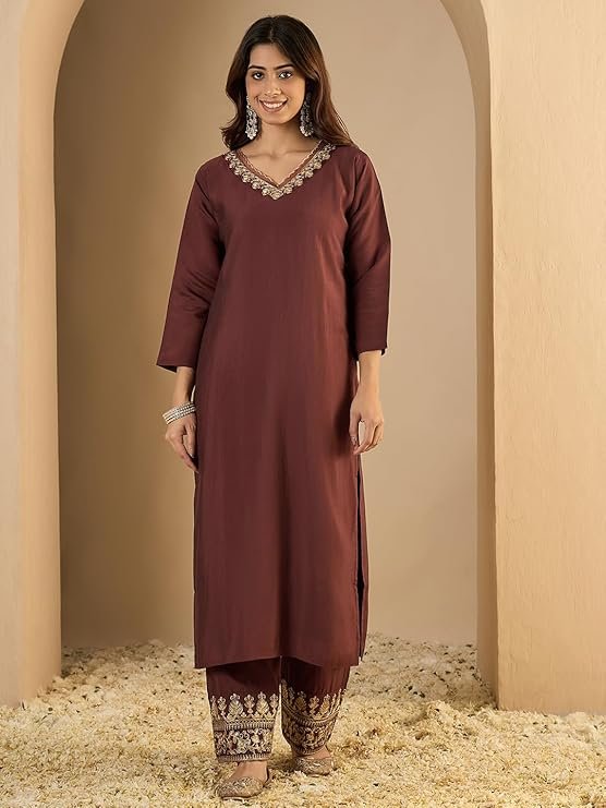 Wine Brown Kurta Pant Set for Women with Dupatta | Elegant Ethnic Suit for Festive & Party Wear - Image 2