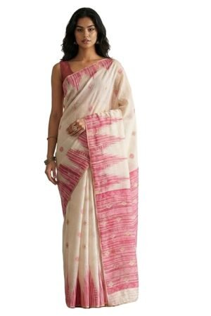 Elegant Off-White Cotton Linen Saree with Pink Woven Border | Traditional & Festive Wear