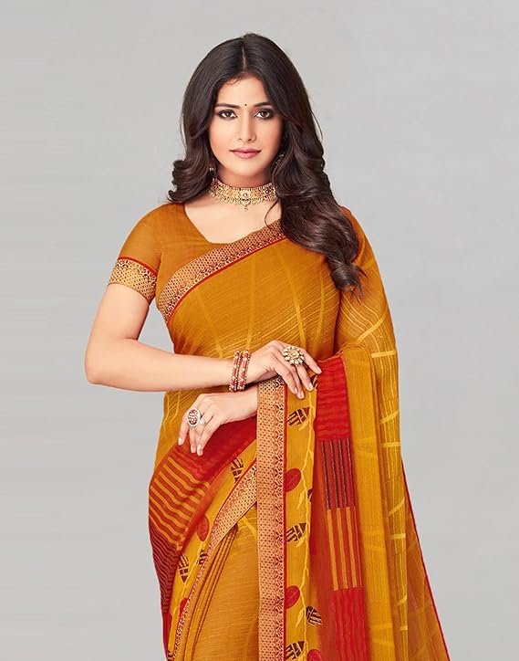 Mustard Yellow Printed Saree with Red Border & Designer Blouse | Traditional Festive Wear Saree - Image 2