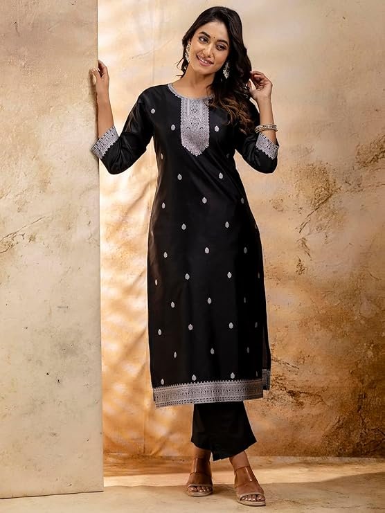 Black Embroidered Kurta Pant Set for Women | Elegant Ethnic & Casual Wear Suit - Image 3
