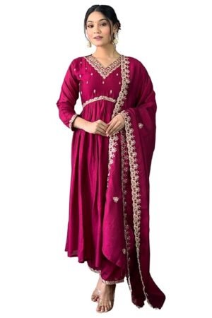 Magenta Pink Embroidered Kurta Pant Set for Women with Dupatta | Designer Festive Ethnic Wear