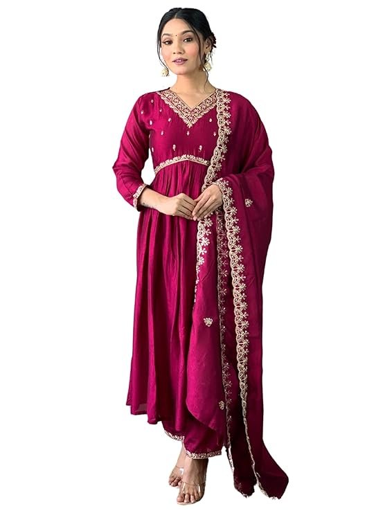 Magenta Pink Embroidered Kurta Pant Set for Women with Dupatta | Designer Festive Ethnic Wear