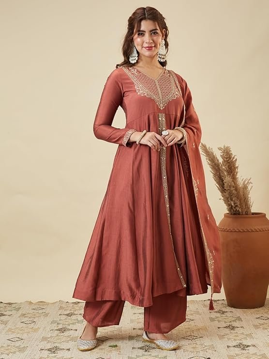 Rust Brown Embroidered Anarkali Kurta Palazzo Set for Women | Designer Festive Ethnic Wear - Image 3